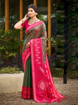 Sutriti - Olive Green Pochampalli Traditional Wedding Festive Wear Saree with Unstitched Blouse