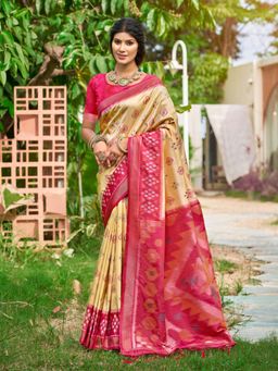 Sutriti - Cream Pochampalli Elegant Traditional Wedding Festive Wear Saree with Unstitched Blouse