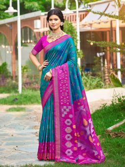 Sutriti - Teal Blue Pochampalli Elegant Traditional Festive Wear Saree with Unstitched Blouse