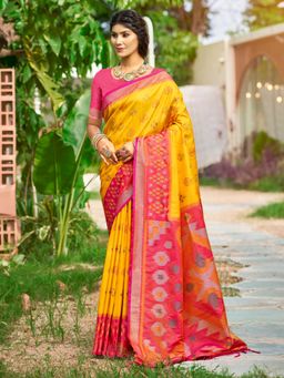 Sutriti - Yellow Pochampalli Elegant Traditional Wedding Festive Wear Saree with Unstitched Blouse