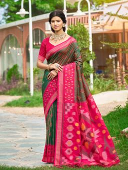 Sutriti - Olive Green Pochampalli Elegant Traditional Festive Wear Saree with Unstitched Blouse