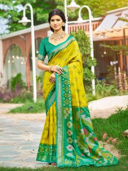 Sutriti - Mustard Yellow Pochampalli Elegant Traditional Festive Wear Saree with Unstitched Blouse