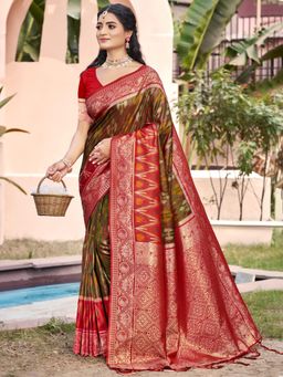 Sutriti - Mhendi Green Pochampalli Elegant Traditional Festive Wear Saree with Unstitched Blouse