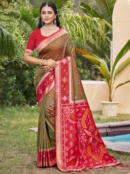 Sutriti - Olive Green Pochampalli Elegant Traditional Festive Wear Saree with Unstitched Blouse