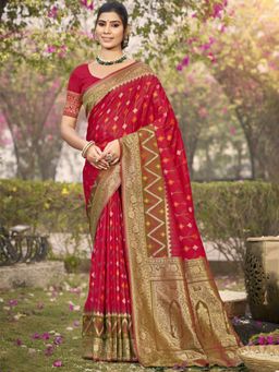 Sutriti - Red Pochampalli Elegant Traditional Wedding Festive Wear Saree with Unstitched Blouse
