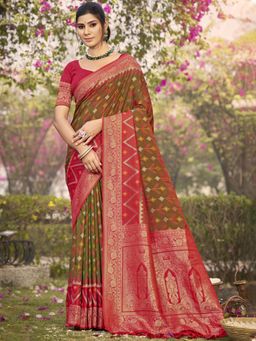 Sutriti - Mhendi Olive Pochampalli Elegant Traditional Festive Wear Saree with Unstitched Blouse