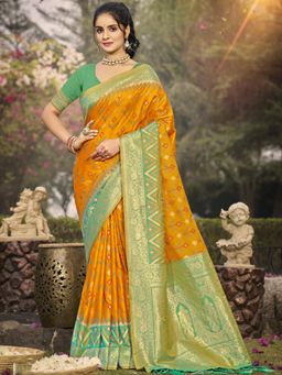 Sutriti - Mustard Yellow Pochampalli Elegant Traditional Festive Wear Saree with Unstitched Blouse