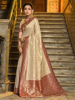 Sutriti - Ivory and Maroon Banarasi Golden Zari - Regal Elegance Saree with Unstitched Blouse