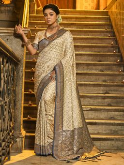 Sutriti - Ivory and Navy Blue Banarasi Golden Zari - Regal Elegance Saree with Unstitched Blouse