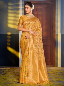 Sutriti - Graceful Yellow Banarasi Golden Zari Woven Border Floral Saree with Unstitched Blouse