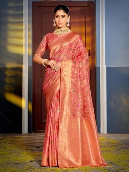 Sutriti - Graceful Peach Banarasi Golden Zari Woven Border Floral Saree with Unstitched Blouse