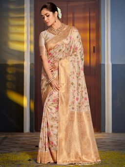 Sutriti - Graceful Cream Banarasi Golden Zari Woven Border Floral Saree with Unstitched Blouse