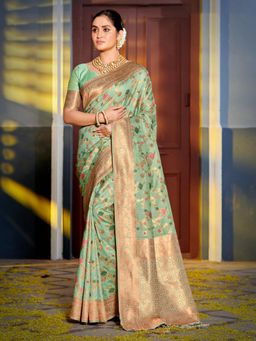 Sutriti - Graceful Sea Green Banarasi Golden Zari Woven Border Floral Saree with Unstitched Blouse