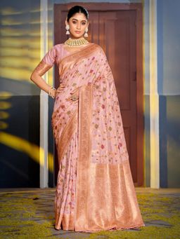 Sutriti - Graceful Pink Banarasi Golden Zari Woven Border Floral Saree with Unstitched Blouse