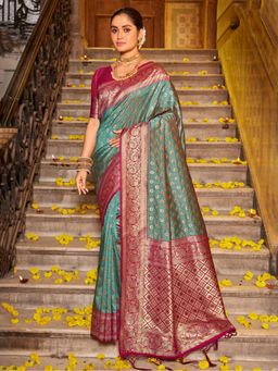 Sutriti - Majestic Teal Kanjivaram Bridal Heritage Collection Saree with Unstitched Blouse