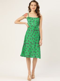 ANVI Be Yourself - Green & Black Floral Print Fit & Flare Dress