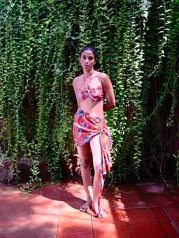 IZSI - Removable Halter Straps Red Cayenne Wave Print Ring Bikini Top