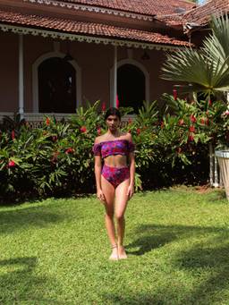 IZSI - Purple Oriental Poppy Print Ruched Off Shoulder Bikini Top