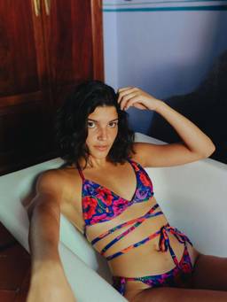 IZSI - Fixed Cups Floral Purple Oriental Poppy Print Triangle Bikini Top