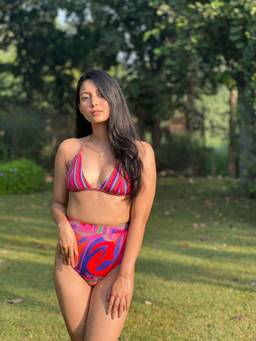 IZSI - Fixed Cups Red Candy Stripes Print Triangle Bikini Top
