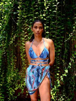 IZSI - Fixed Cups Blue Cosmic Wave Print Triangle Bikini Top