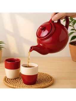 BlackCarrot - 2 Piece White-Red Ceramic Cup Set & 1 Red Ceramic Kettle