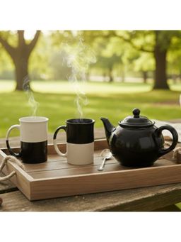 BlackCarrot - 3 Piece White-Red Ceramic Tall Mug Set & 1 Black Ceramic Kettle