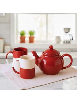 BlackCarrot - 4 Piece White-Red Ceramic Tall Mug Set & 1 Red Ceramic Kettle