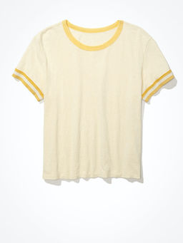American Eagle - Women Yellow Crew Neck Ringer Tee