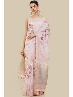 Soch - Women Pink Linen Printed Saree with Unstitched Blouse