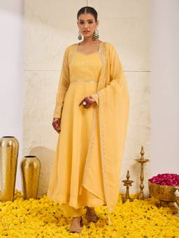MOKOSH - Women Yellow Embroidered Silk Anarkali Kurta and Pant with Dupatta