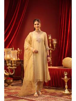 Scakhi - Women Beige Tissue Embroidered Kurta with Pant and Dupatta