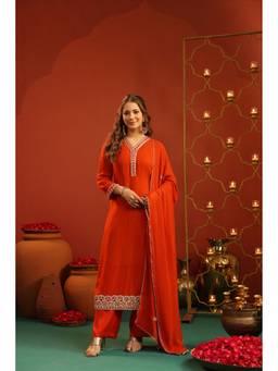 Scakhi - Women Rust Georgette Embroidered Kurta with Pant and Dupatta