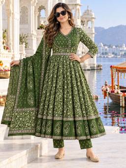 BERRYLICIOUS - Women Olive Printed Anarkali Kurta with Pant and Dupatta