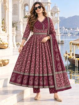 BERRYLICIOUS - Women Wine Printed Anarkali Kurta with Pant and Dupatta