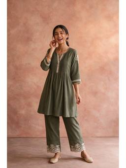 HERITAGE - Olive Green Pleated Embroidered Cotton Kurta and Pant