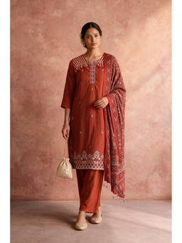 HERITAGE - Rust Embroidered Pure Cotton Kurta and Pant with Dupatta