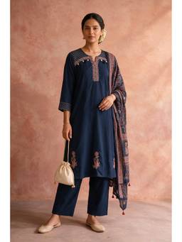 HERITAGE - Navy Blue Embroidered Pure Cotton Kurta and Pant with Dupatta