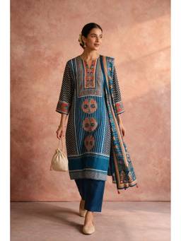 HERITAGE - Blue Motif Printed Muslin Kurta and Pant with Dupatta