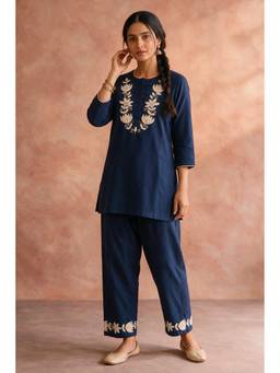 HERITAGE - Navy Blue Lotus Embroidered Cotton Kurta and Pant