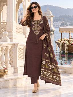 BERRYLICIOUS - Women Brown Embroidered Kurta with Pant and Dupatta