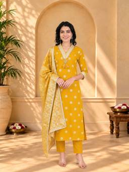 Maaesa - Women Mustard Banarasi Silk Embroidered Kurta with Pant and Dupatta