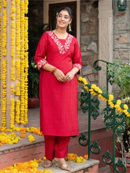 ARAMYA - Red Silk Embroidered Kurta and Pant