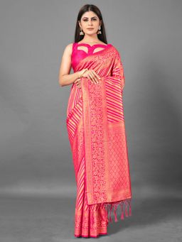 Akhilam - Womens Silk Blend Pink Woven Design Designer Saree with Unstitched Blouse