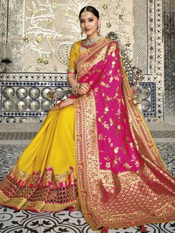 Odette - Pink, Yellow Banarasi Silk Woven Design Saree with Unstitched Blouse