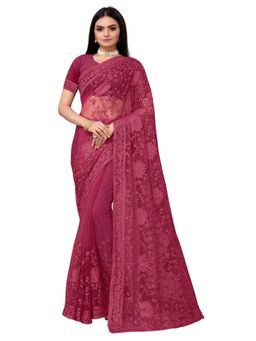 Odette - Magenta Net Embroidered Saree with Unstitched Blouse