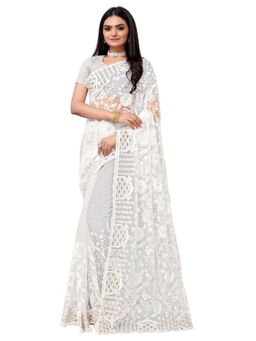 Odette - White Net Embroidered Saree with Unstitched Blouse