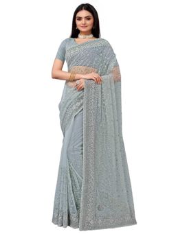 Odette - Grey Net Embroidered Saree with Unstitched Blouse