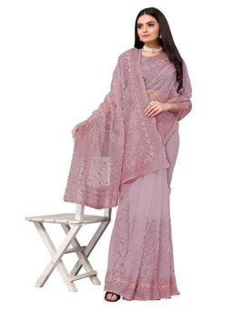Odette - Purple Net Embroidered Saree with Unstitched Blouse