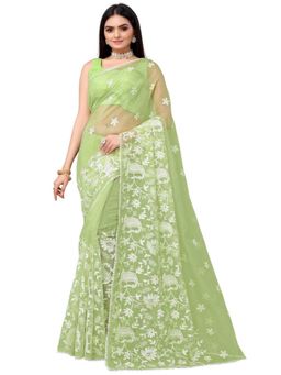 Odette - Green Organza Embroidered Saree with Unstitched Blouse